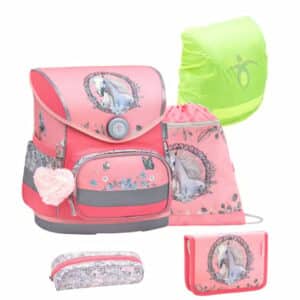 Belmil Schulranzen Compact Schulranzen Set 5-teilig mit Brustgurt Horse Snowflake