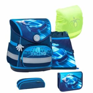 Belmil Schulranzen Compact Schulranzen Set 5-teilig mit Brustgurt Racing Blue Neon