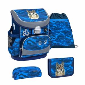 Belmil Schulranzen Mini Fit Schulranzen Set 4-teilig mit Brustgurt Alpha Wolf