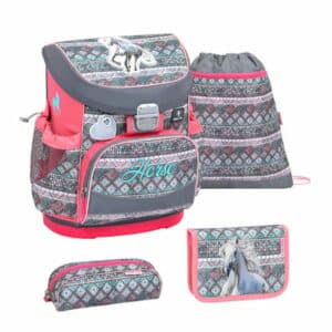 Belmil Schulranzen Mini Fit Schulranzen Set 4-teilig mit Brustgurt Horse Aruba Blue