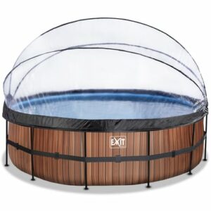 EXIT Frame Pool ø488x122cm (12v Sandfilter) – Holz Optik + Sonnendach + Wärmepumpe