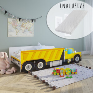 Kids Collective Autobett 80x160 cm Spielbett Kinderbett mit Rausfallschutz und Lattenrost gelb mit Matratze