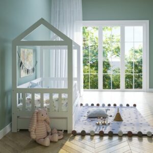 Kids Collective Hausbett Kinderbett Jugendbett 90x200 mit Rausfallschutz & Lattenrost weiß mit Schubl. und Matratze