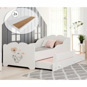 Kids Collective Mädchenbett mit Ausziehbett Funktionsbett 80x160 mit 2 Matratzen & Rausfallschutz weiß - Elefant Motiv