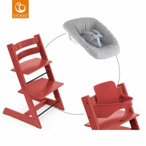 STOKKE® Mega Tripp Trapp® Set Hochstuhl Buche Warm Red inkl. Newborn Set™ Grey und Baby Set Warm Red