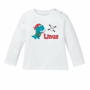 Schnullireich Baby Shirt (Langarm) mit Namen Piraten-Dino Weiß