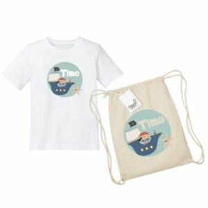 Schnullireich Geschenkset mit Namen Kleiner Pirat: Turnbeutel + Kinder T-Shirt Weiß