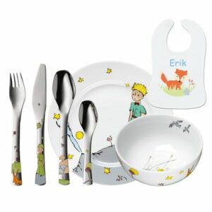 Schnullireich Geschenkset mit Namen Kleiner Prinz: WMF Kinderbesteck + Teller/Schale+ Lätzchen Silber