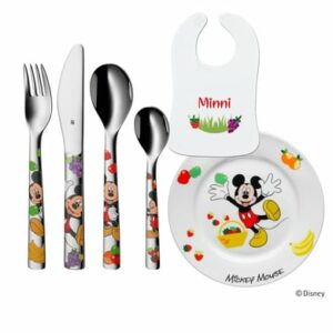 Schnullireich Geschenkset mit Namen Mickey Mouse: WMF Kinderbesteck + Teller + Lätzchen 6-Tlg Silber