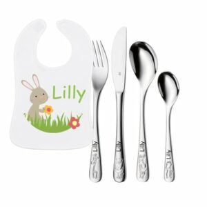 Schnullireich Geschenkset mit Namen Safari: WMF Kinderbesteck + Baby Lätzchen Hase Silber