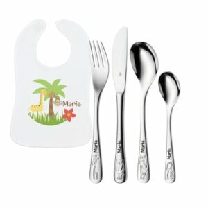 Schnullireich Geschenkset mit Namen Safari: WMF Kinderbesteck +Baby Lätzchen Safari Silber