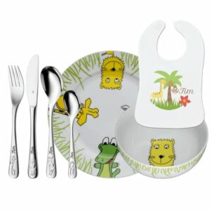 Schnullireich Geschenkset mit Namen Safari: WMF Kinderbesteck + Teller/Schale+ Lätzchen 7-Teilig Silber