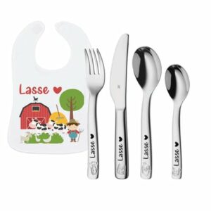 Schnullireich Geschenkset mit Namen WMF Kinderbesteck Farm + Baby Lätzchen Bauer Silber