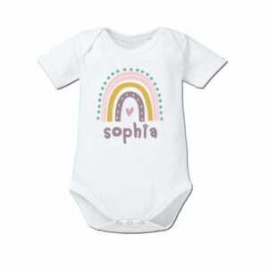 Schnullireich Geschenkset mit Namen Rose Rainbow: Baby Body + Namensschnuller + Schnullerkette Weiß