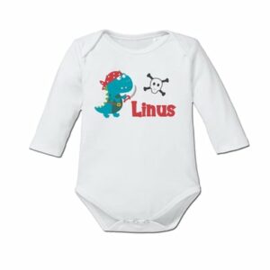 Schnullireich Baby Body (Langarm) mit Namen Piraten-Dino Weiß