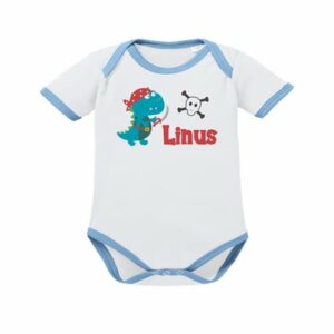 Schnullireich Baby Body (Kurzarm) mit Namen Piraten-Dino (Sporty) Weiß