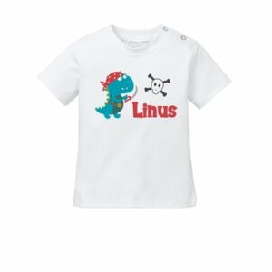 Schnullireich Baby T-Shirt (Kurzarm) mit Namen Piraten-Dino Weiß