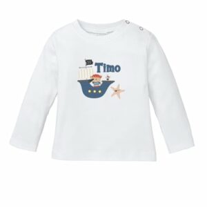 Schnullireich Baby Shirt (Langarm) mit Namen Kleiner Pirat Weiß