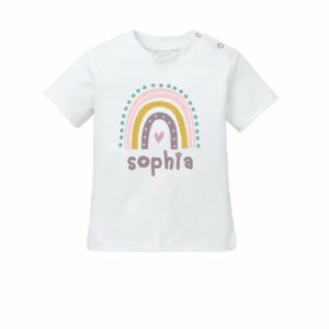 Schnullireich Baby T-Shirt (Kurzarm) mit Namen Rosa Regenbogen Weiß