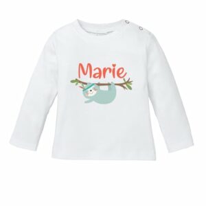 Schnullireich Baby Shirt (Langarm) mit Namen Kleines Faultier Weiß