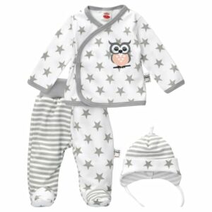 Baby Sweets 3tlg Set Shirt + Hose + Mütze Eule & Sterne weiß grau