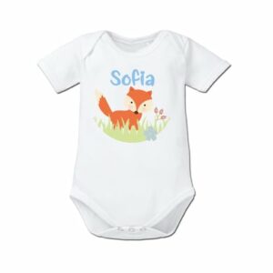 Schnullireich Baby Body (Kurzarm) mit Namen Fuchs Woody Weiß