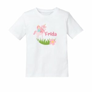 Schnullireich Kinder T-Shirt mit Namen (Kurzarm) Einhorn Weiß