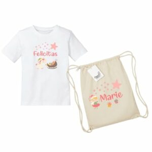 Schnullireich Geschenkset mit Namen Party Einhorn: Turnbeutel + Kinder T-Shirt Weiß