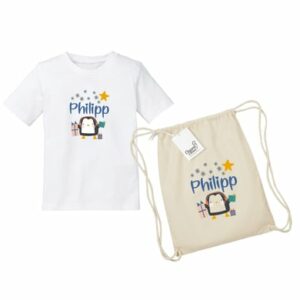 Schnullireich Geschenkset mit Namen Pinguin: Turnbeutel + Kinder T-Shirt Weiß