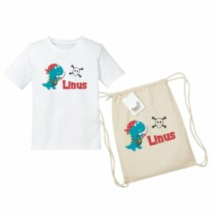 Schnullireich Geschenkset mit Namen Piraten-Dino: Turnbeutel + Kinder T-Shirt Weiß