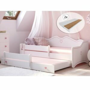 Kids Collective Mädchenbett 80x160 mit Ausziehbett & Matratzen Funktionsbett mit Rausfallschutz pink mit Matratze