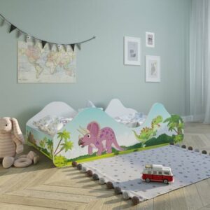 Kids Collective Kinderbett Jugendbett 80x160 mit Rausfallschutz / Kinder Spielbett mit Lattenrost Dino Motiv mit Matratze