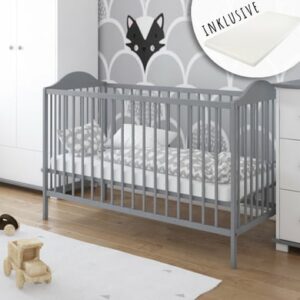 Kids Collective Babybett Gitterbett 60x120 höhenverstellbar / herausnehmbare Sprossen Stäbe grau mit Matratze